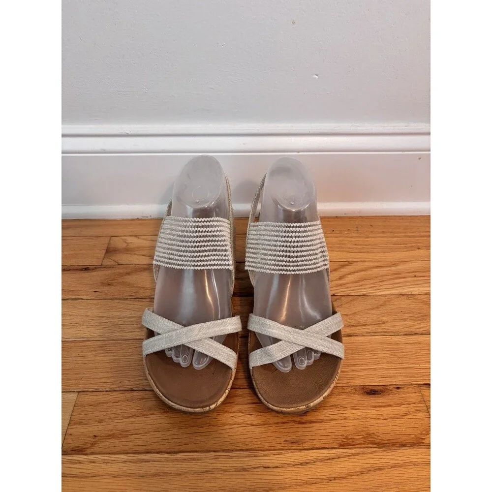 Boho Cork Wedge Sandals Beige Strappy Comfort Heels Womens 9 Skechers Beverlee